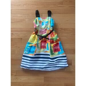 Rickie Freeman Teri Jon Silk Watercolor Abstract Stripe Colorful Belted Dress 8